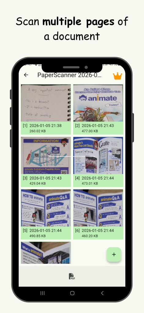 PaperScanner manage multiple pages in one document