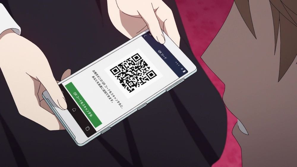 Frame from Kaguya-sama: Love Is War season 2 episode 12 showing Kaguya's smartphone with her LINE contact QR code on screen