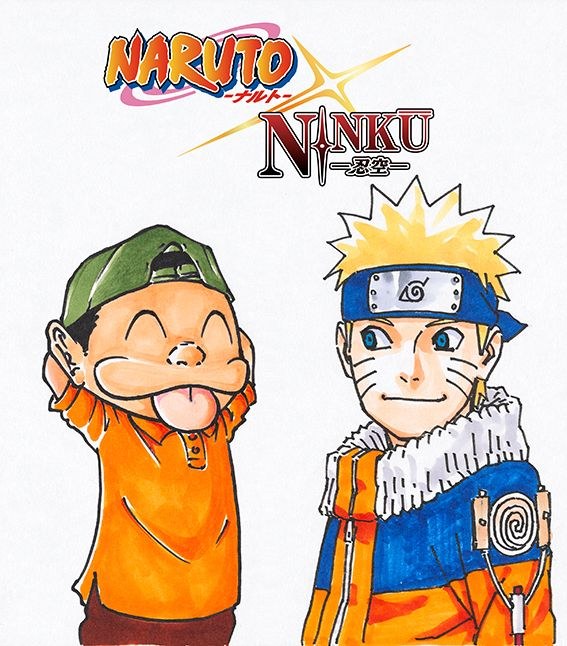 Kishimoto's sketch of Fusuke from Ninku pulling a face next to Naruto, under the Naruto × Ninku logo