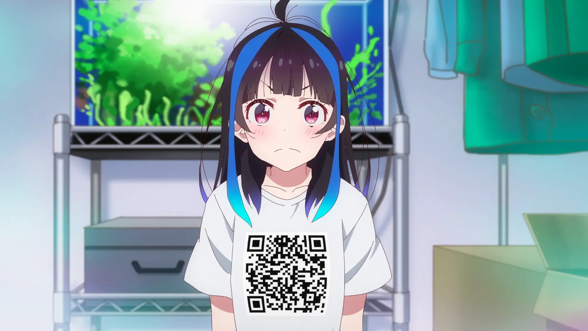 Frame from Rent-a-Girlfriend season 3 episode 12 showing Mini Yaemori in Kazuya's apartment wearing a white T-shirt with a large QR code